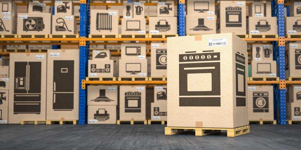 Printed appliance cartons on warehouse racks