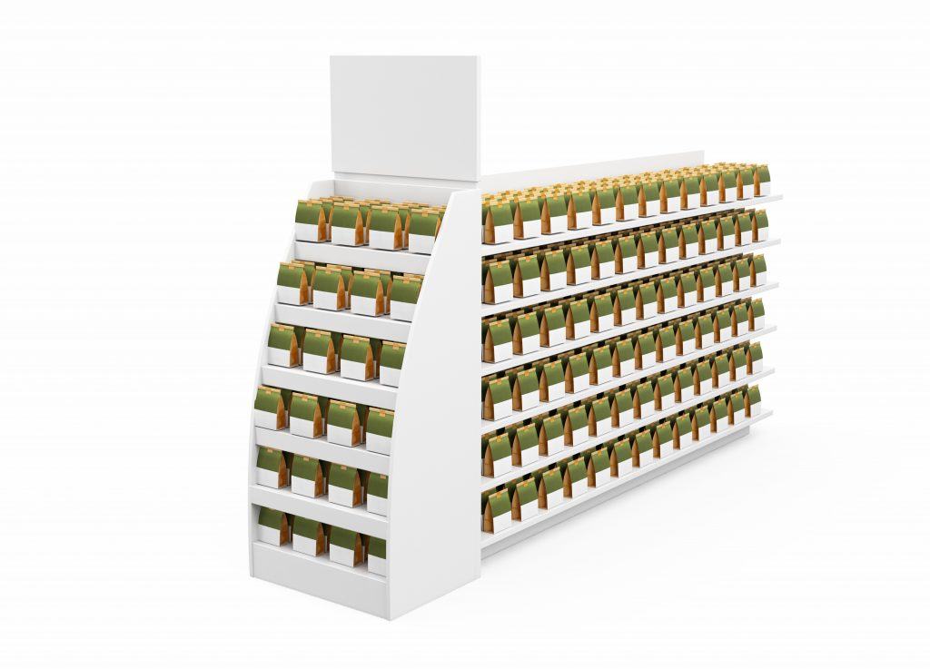 A corrugated counter display loaded with product