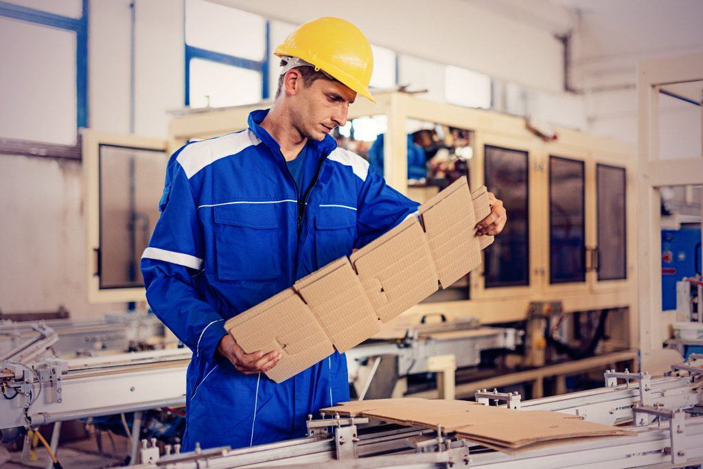 A production worker checking a corrugated blank