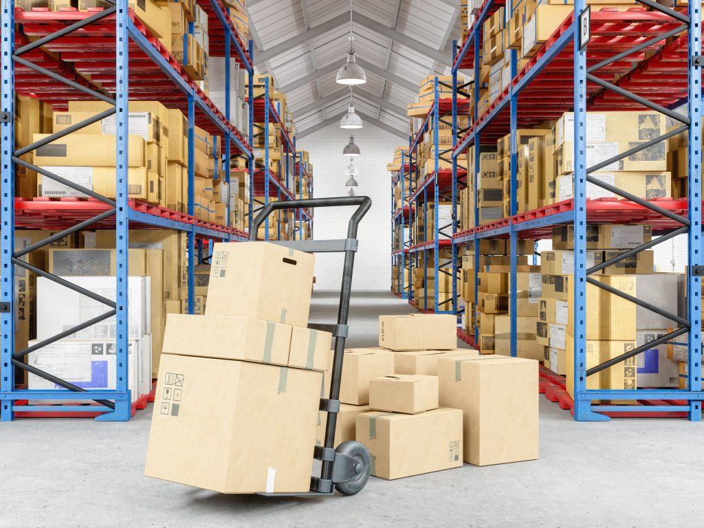 Boxes on a hand truck in a warehouse